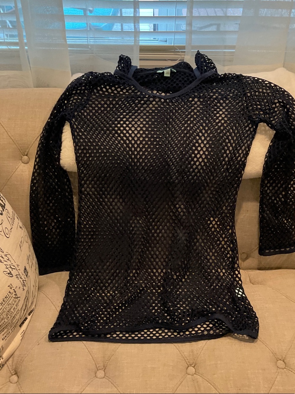 Navy Blue Open-Weave Long-Sleeve Tunic Top